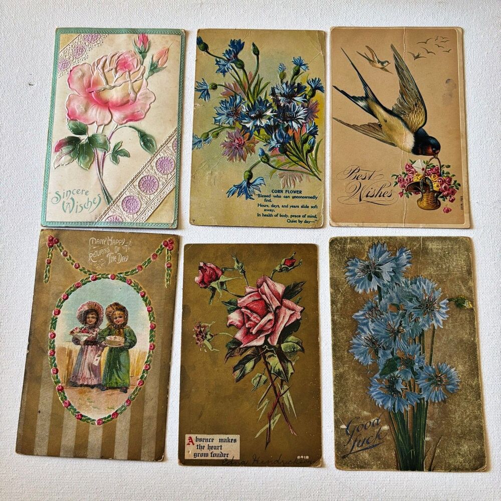 Vintage Post Cards 1900s (6) Flowers Birds Rose 1909-1913 Junk Journal Decoupage